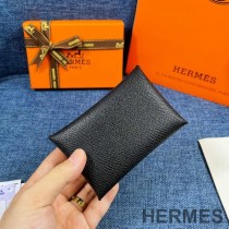 Hermes Calvi Card Holder Epsom Leather Gold Hardware In Black