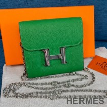 Hermes Constance Compact Wallet with Chain Togo Leather Palladium Hardware In Green