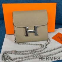 Hermes Constance Compact Wallet with Chain Togo Leather Palladium Hardware In Grey