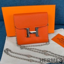 Hermes Constance Compact Wallet with Chain Togo Leather Palladium Hardware In Orange