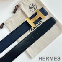 Hermes Constance H 38 Reversible Belt Leather In Blue/Black