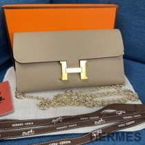 Hermes Constance Wallet with Chain Togo Leather Gold Hardware In Grey