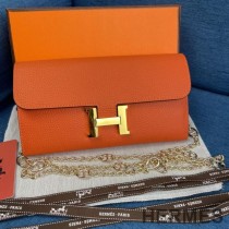 Hermes Constance Wallet with Chain Togo Leather Gold Hardware In Orange