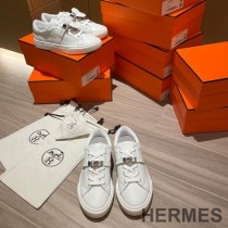 Hermes Day Sneakers Unisex Calfskin In White/Silver