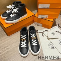 Hermes Daydream High-Top Sneakers Unisex Calfskin In Black/Gold