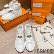 Hermes Daydream High-Top Sneakers Unisex Calfskin In White/Silver