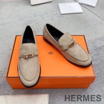Hermes Destin Loafers Women Suede with Kelly Buckle In Khaki
