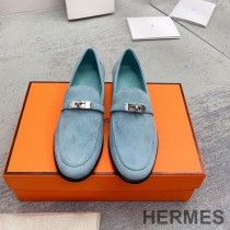 Hermes Destin Loafers Women Suede with Kelly Buckle In Sky Blue