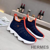 Hermes Eclair Sneakers Unisex Knit In Navy Blue/Red