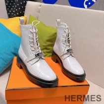 Hermes Funk Ankle Boots Women Shiny Calfskin with Kelly Buckle In White