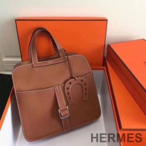 Hermes Halzan Bag Palladium Hardware Clemence Leather In Brown