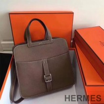 Hermes Halzan Bag Palladium Hardware Clemence Leather In Coffee