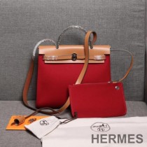 Hermes Herbag Bag Canvas Palladium Hardware In Red/Brown