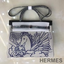 Hermes Herbag Bag Pegasus Canvas Palladium Hardware In Black/Blue