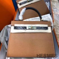 Hermes Kelly Bag Color Blocking Clemence Leather Gold Hardware In Brown