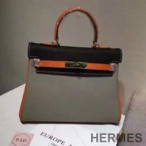 Hermes Kelly Bag Color Blocking Clemence Leather Gold Hardware In Grey