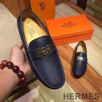 Hermes Loafers Men Togo Leather In Navy Blue