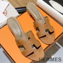 Hermes Oasis Slides Women Hollow Leather In Brown