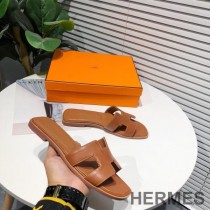Hermes Oran Slides Women Calfskin In Brown
