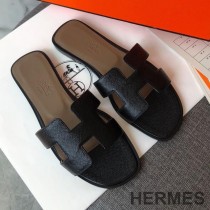 Hermes Oran Slides Women Grain Calfskin In Black