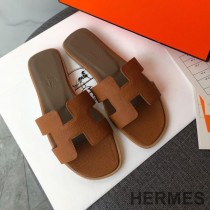 Hermes Oran Slides Women Grain Calfskin In Brown