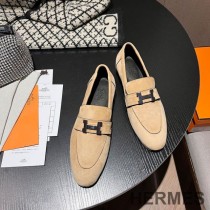 Hermes Paris Loafers Women Suede with H Buckle In Khaki