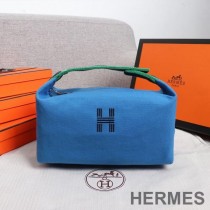 Hermes Trousse Bride-A-Brac Case Canvas Palladium Hardware In Blue