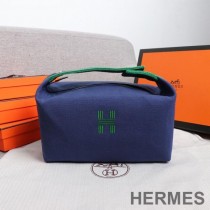 Hermes Trousse Bride-A-Brac Case Canvas Palladium Hardware In Navy Blue