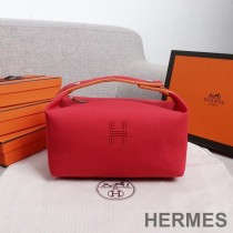 Hermes Trousse Bride-A-Brac Case Canvas Palladium Hardware In Red
