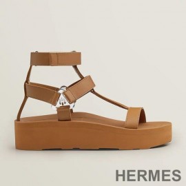 Hermes Enid Brown Platform Sandals Women Calfskin with H Diamant Buckle