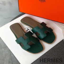 Hermes Oran Slides Women Grain Calfskin with Green